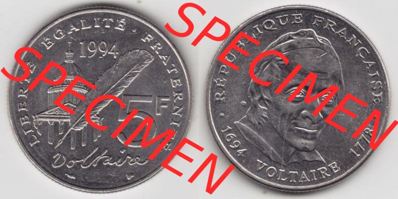 Münzen Frankreich Eurovorläufer, Umlaufmünze vor Euroeinführung 1994-1994, 5 Francs Liberte Egalite Fraternite. Vorderseite und Rückseite Nebeneinander einer... Sammlung