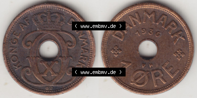 Münzen Dänemark / Danmark Eurovorläufer, Umlaufmünze vor Euroeinführung 1926-1940, 1 Öre 1936 (3) Sammlung
