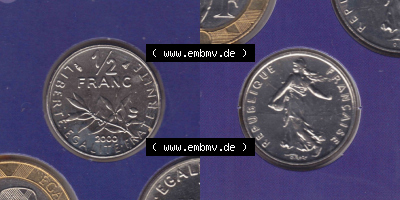 Münzen Frankreich Eurovorläufer, Umlaufmünze vor Euroeinführung 2000, 1/2 Francs. Vorderseite und Rückseite Nebeneinander... Sammlung