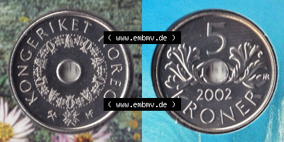 Münzen Norwegen / Norway Eurovorläufer, Umlaufmünze vor Euroeinführung 1998-2017, 5 Kroner, Kronen 2002 (3) Sammlung