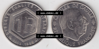 Münzen Frankreich Eurovorläufer, Umlaufmünze vor Euroeinführung 1988-1988, 1 Francs, Franken 1988. Vorderseite und Rückseite... Sammlung