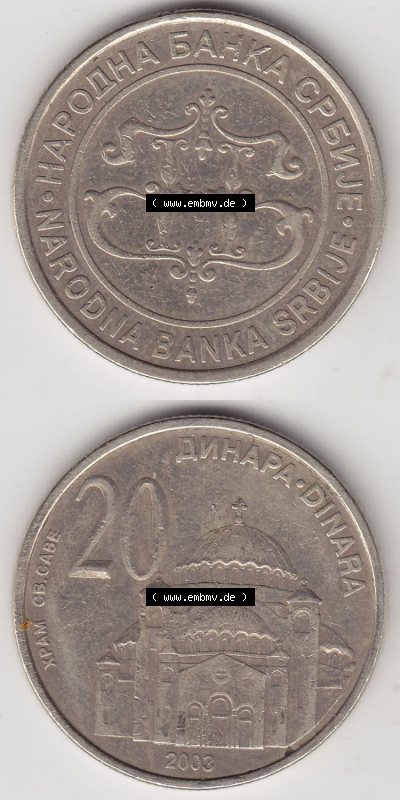 Münzen Serbien Eurovorläufer, Umlaufmünze vor Euroeinführung 2003-2003, 20 Dinar 2003 (4) Sammlung