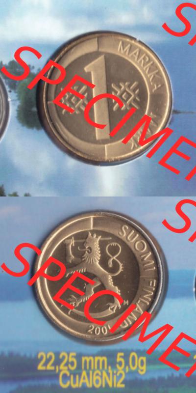 Münzen Finnland / SUOMI Eurovorläufer, Umlaufmünze vor Euroeinführung 2001, 1 Markka, Mark. Rückseite und Vorderseite vertikal untereinander für... Sammlung