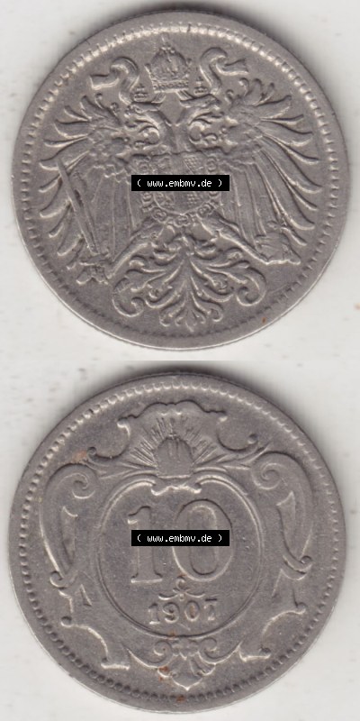 Münzen Österreich / Austria Eurovorläufer, Umlaufmünze vor Euroeinführung 1892-1911, 10 Heller 1907 (4) Sammlung