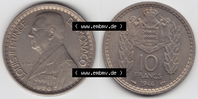 Münzen Monaco / Mu̍negu Eurovorläufer, Umlaufmünze vor Euroeinführung 1946-1946, 10 Fr, Francs, Franken, Louis II Prince... Sammlung