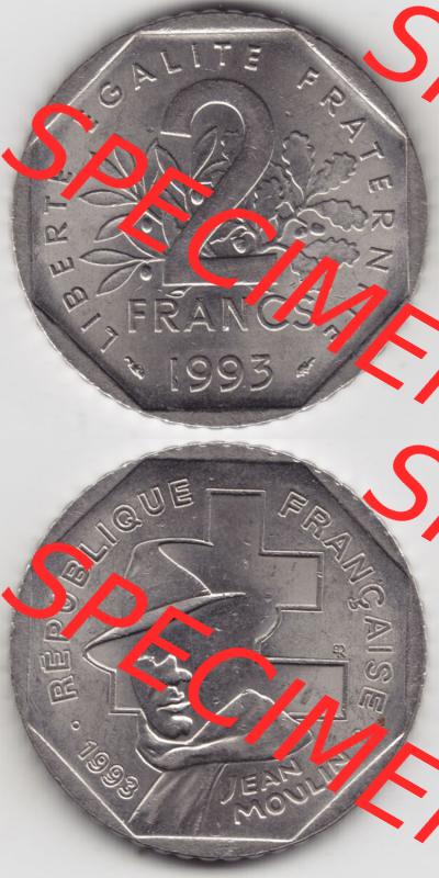 Münzen Frankreich Eurovorläufer, Umlaufmünze vor Euroeinführung 1993-1993, 2 Francs Jean Moulin. Vorderseite und Rückseite Vertikal Untereinander, passend... Sammlung
