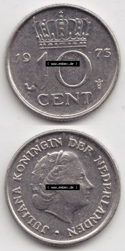 Münzen Niederlande / Netherlands Eurovorläufer, Umlaufmünze vor Euroeinführung 1950-1980, 10 Cent 1973 (4) Sammlung