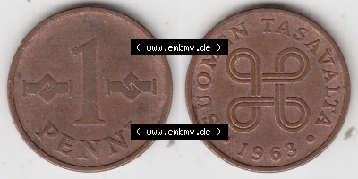 Münzen Finnland / SUOMI Eurovorläufer, Umlaufmünze vor Euroeinführung 1963-1969, 1 Penni. Rückseite und Vorderseite horizontal... Sammlung