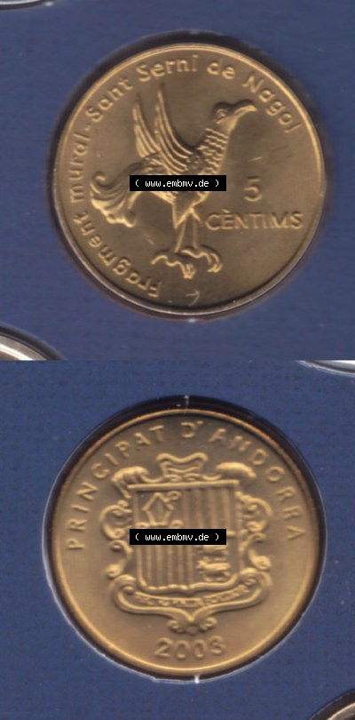 Münzen Andorra Eurovorläufer, Umlaufmünze vor Euroeinführung 2003, 5 Centimes, Sant Serni Kirche in Nagol (4) Sammlung