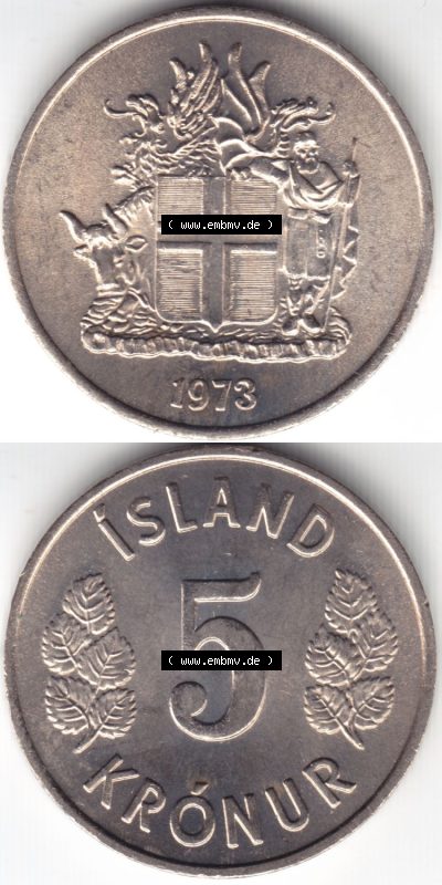 Münzen Island Eurovorläufer, Umlaufmünze vor Euroeinführung 1969-1980, 5 Kronur, Kronen 1973 (4) Sammlung