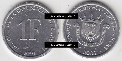 Münzen aus Afrika Burundi Umlaufmünze 1976-2003, 1 France Franken 2003 (3) Sammlung