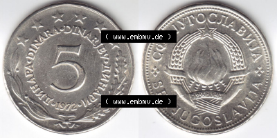 Münzen Jugoslawien (Land wurde 2003 aufgelöst), Umlaufmünze 1971-1981, 5 Dinara, Dinarjev 1972 (3) Sammlung