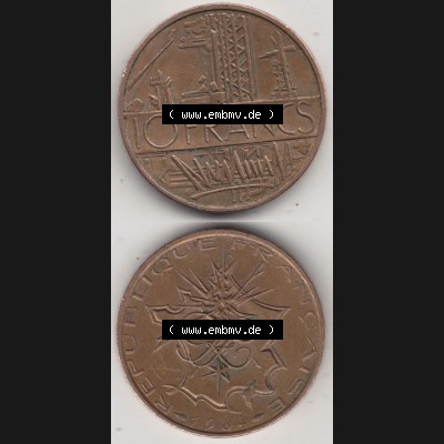 Münzen Frankreich Eurovorläufer, Umlaufmünze vor Euroeinführung 1974-1987, 10 Franken-Francs 1984. Vorderseite und Rückseite Vertikal Untereinander, passend... Sammlung