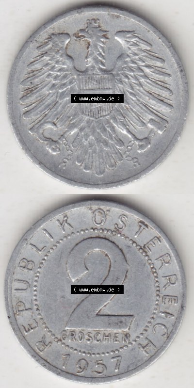 Münzen Österreich / Austria Eurovorläufer, Umlaufmünze vor Euroeinführung 1950-1994, 2 Groschen 1957 (4) Sammlung