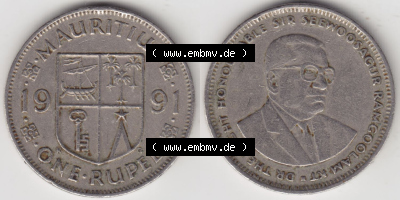 Münzen aus Afrika Mauritius Umlaufmünze 1987-2010, 1 Rupie, 1 Rupee 1991 (3) Sammlung