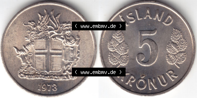 Münzen Island Eurovorläufer, Umlaufmünze vor Euroeinführung 1969-1980, 5 Kronur, Kronen 1973 (3) Sammlung