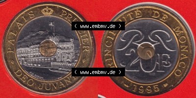 Münzen Monaco / Mu̍negu Eurovorläufer, Umlaufmünze vor Euroeinführung 1992-1997, 20 Francs 1995 (3) Sammlung
