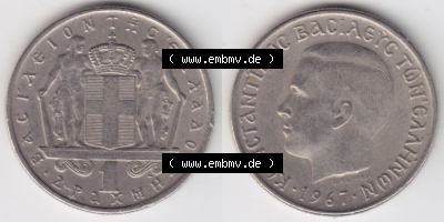 Münzen Griechenland Eurovorläufer, Umlaufmünze vor Euroeinführung 1967, 1 Apaxmai, Drachme. VS+RS auf einen Bild/Foto einer... Sammlung