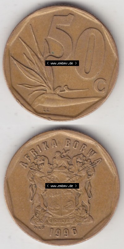 Münzen aus Afrika Südafrika / South Africa Umlaufmünze 1996-2000, 50 Cent 1996 (4) Sammlung