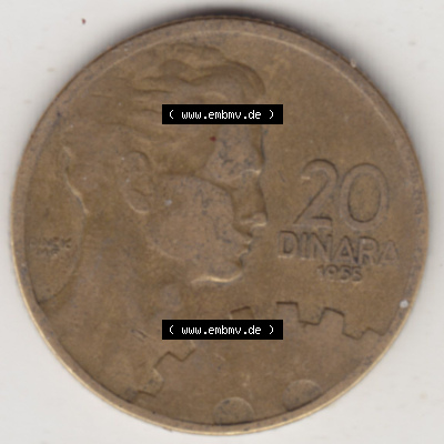 Münzen Jugoslawien (Land wurde 2003 aufgelöst), Umlaufmünze 1955-1955, 20 Dinar 1955 (2) Sammlung