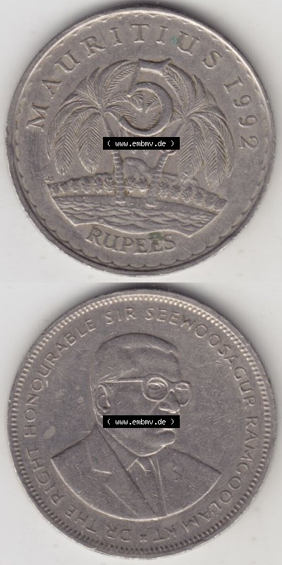 Münzen aus Afrika Mauritius Umlaufmünze 1987-2010, 5 Rupien, Rupees 1992 (4) Sammlung