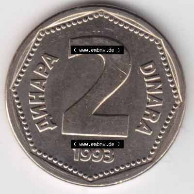 Münzen Jugoslawien (Land wurde 2003 aufgelöst), Umlaufmünze 1993-1993, 2 Dinara, Dinar (1) Sammlung