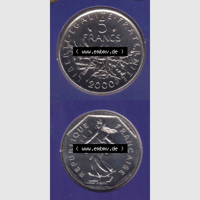 Münzen Frankreich Eurovorläufer, Umlaufmünze vor Euroeinführung 2000, 5 Francs. Vorderseite und Rückseite Vertikal Untereinander, passend für Mobile-Geräte,... Sammlung