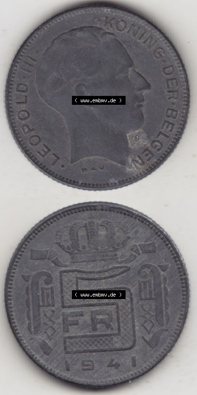 Münzen Belgien Eurovorläufer, Umlaufmünze vor Euroeinführung 1941-1946, 5 Franken 1941, Der Belgen (4) Sammlung
