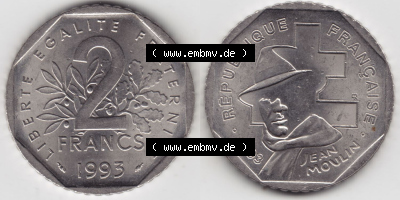 Münzen Frankreich Eurovorläufer, Umlaufmünze vor Euroeinführung 1993-1993, 2 Francs Jean Moulin. Vorderseite und Rückseite... Sammlung