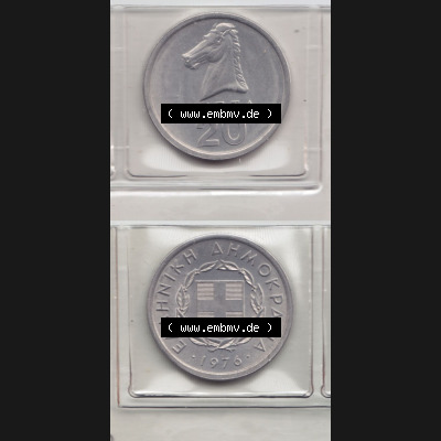 Münzen Griechenland Eurovorläufer, Umlaufmünze vor Euroeinführung 1976 , 20 Lepta. VS+RS auf einen Bild/Foto,, untereinander angeordnet,... Sammlung