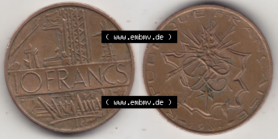 Münzen Frankreich Eurovorläufer, Umlaufmünze vor Euroeinführung 1974-1987, 10 Franken-Francs 1984. Vorderseite und Rückseite... Sammlung