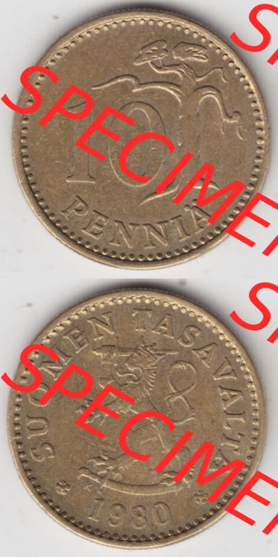 Münzen Finnland / SUOMI Eurovorläufer, Umlaufmünze vor Euroeinführung 1963-1982, 10 Penniä 1980. Rückseite und Vorderseite vertikal untereinander für... Sammlung