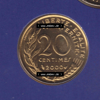 Münzen Frankreich Eurovorläufer, Umlaufmünze vor Euroeinführung 2000, 20 Centimes. Vorderseite einer Münze aus Europa als... Sammlung