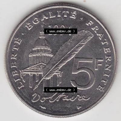 Münzen Frankreich Eurovorläufer, Umlaufmünze vor Euroeinführung 1994-1994, 5 Francs Liberte Egalite Fraternite. Vorderseite einer Münze aus Europa als Digitales... Sammlung