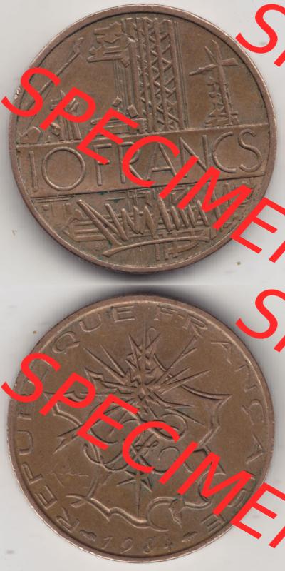 Münzen Frankreich Eurovorläufer, Umlaufmünze vor Euroeinführung 1974-1987, 10 Franken-Francs 1984. Vorderseite und Rückseite Vertikal Untereinander, passend... Sammlung