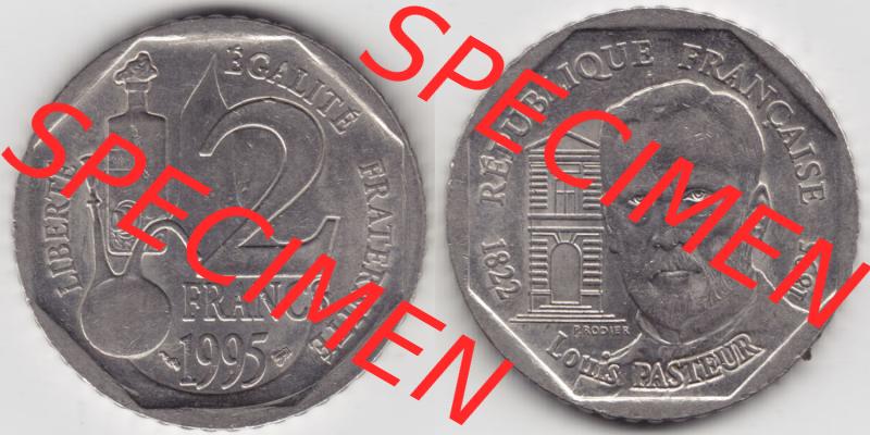 Münzen Frankreich Eurovorläufer, Umlaufmünze vor Euroeinführung 1995-1995, 2 France Louis Rasteur. Vorderseite und Rückseite Nebeneinander einer Münze aus... Sammlung