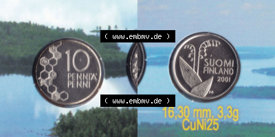 Münzen Finnland / SUOMI Eurovorläufer, Umlaufmünze vor Euroeinführung 2001, 10 Penni, Penniä. Rückseite und Vorderseite... Sammlung