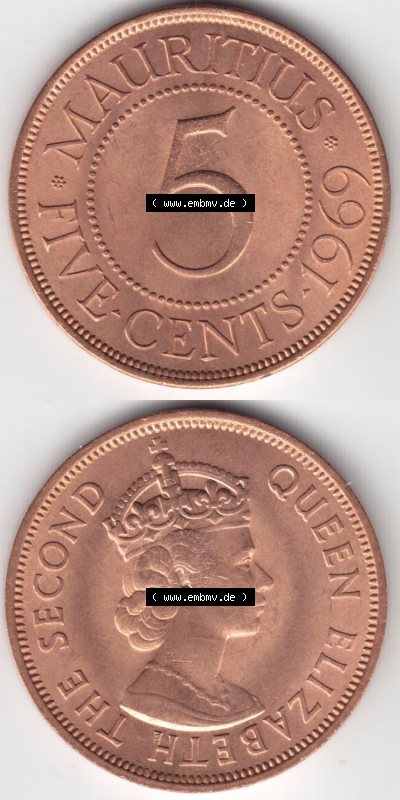 Münzen aus Afrika Mauritius Umlaufmünze 1956-1978, 5 Cent 1969 (4) Sammlung