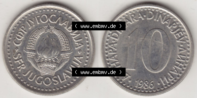 Münzen Jugoslawien (Land wurde 2003 aufgelöst), Umlaufmünze 1982-1988, 10 Dinar 1986 (3) Sammlung
