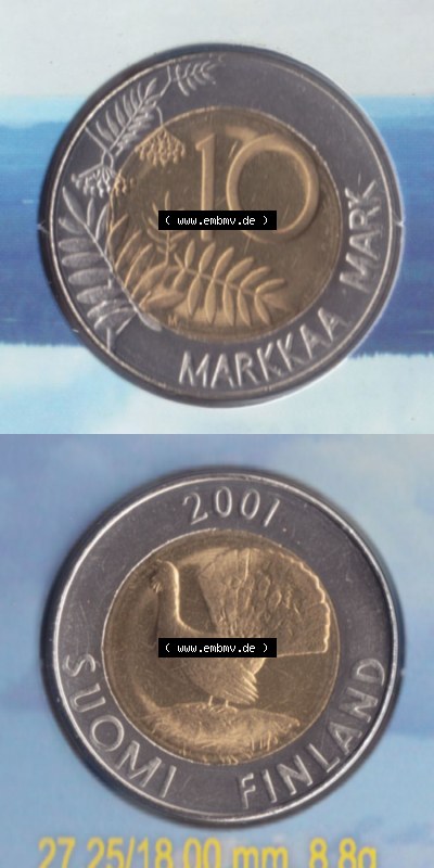 Münzen Finnland / SUOMI Eurovorläufer, Umlaufmünze vor Euroeinführung 2001, 10 Mark, Markkaa. Rückseite und Vorderseite vertikal... Sammlung