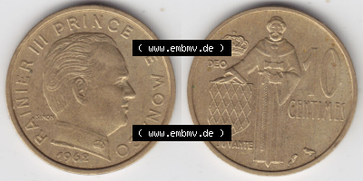 Münzen Monaco / Mu̍negu Eurovorläufer, Umlaufmünze vor Euroeinführung 1962-1995, 10 Centimes 1962 (3) Sammlung