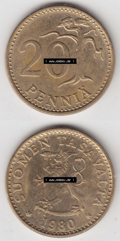 Münzen Finnland / SUOMI Eurovorläufer, Umlaufmünze vor Euroeinführung 1963-1990, 20 Penniä 1980. Rückseite und Vorderseite... Sammlung