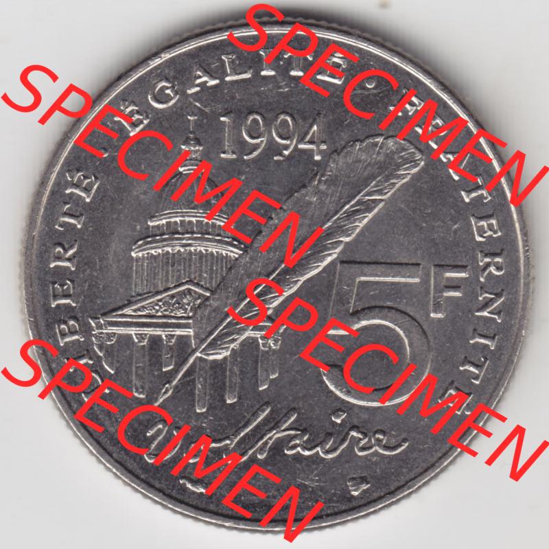 Münzen Frankreich Eurovorläufer, Umlaufmünze vor Euroeinführung 1994-1994, 5 Francs Liberte Egalite Fraternite. Vorderseite einer Münze aus Europa als Digitales... Sammlung