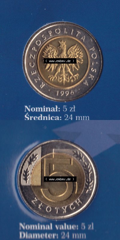 Münzen Polen / Polska Eurovorläufer, Umlaufmünze vor Euroeinführung 1996, 5 Zloty (4) Sammlung