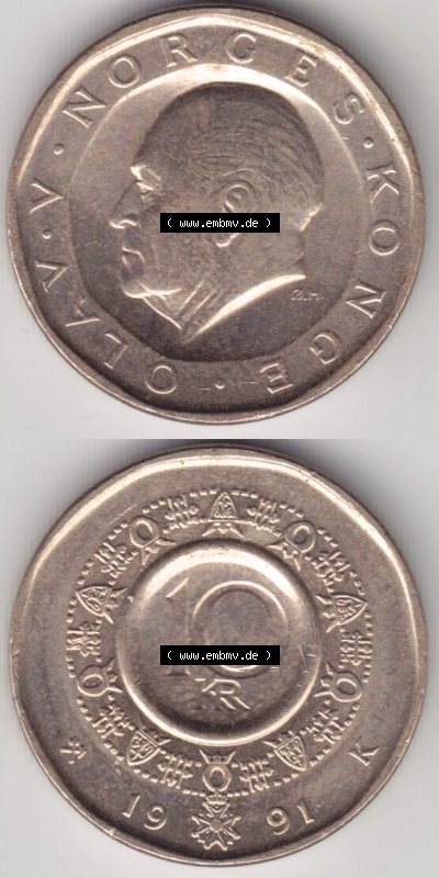 Münzen Norwegen / Norway Eurovorläufer, Umlaufmünze vor Euroeinführung 1983-1991, 10 Kronen 1991 (4) Sammlung