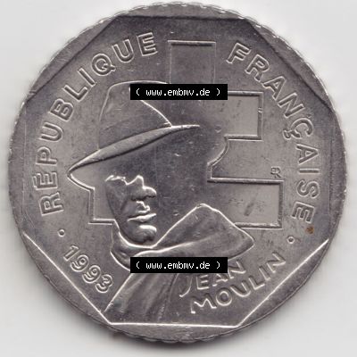Münzen Frankreich Eurovorläufer, Umlaufmünze vor Euroeinführung 1993-1993, 2 Francs Jean Moulin. Rückseite einer Münze aus Europa als Digitales Bild /... Sammlung