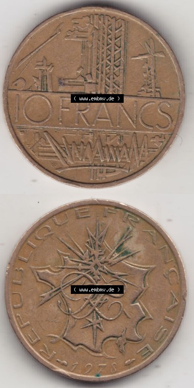 Münzen Frankreich Eurovorläufer, Umlaufmünze vor Euroeinführung 1974-1987, 10 Franken-Francs 1978 III.. Vorderseite und Rückseite... Sammlung