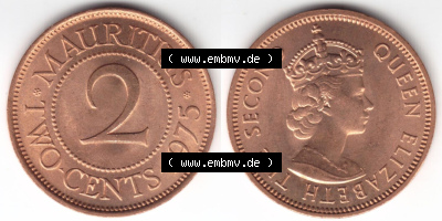 Münzen aus Afrika Mauritius Umlaufmünze 1953-1978, 2 Cent 1975 (3) Sammlung