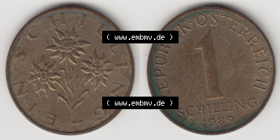 Münzen Österreich / Austria Eurovorläufer, Umlaufmünze vor Euroeinführung 1959-2001, 1 Schilling 1989 (3) Sammlung