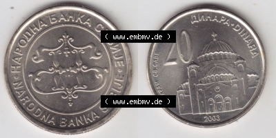 Münzen Serbien Eurovorläufer, Umlaufmünze vor Euroeinführung 2003-2003, 20 Dinara (3) Sammlung